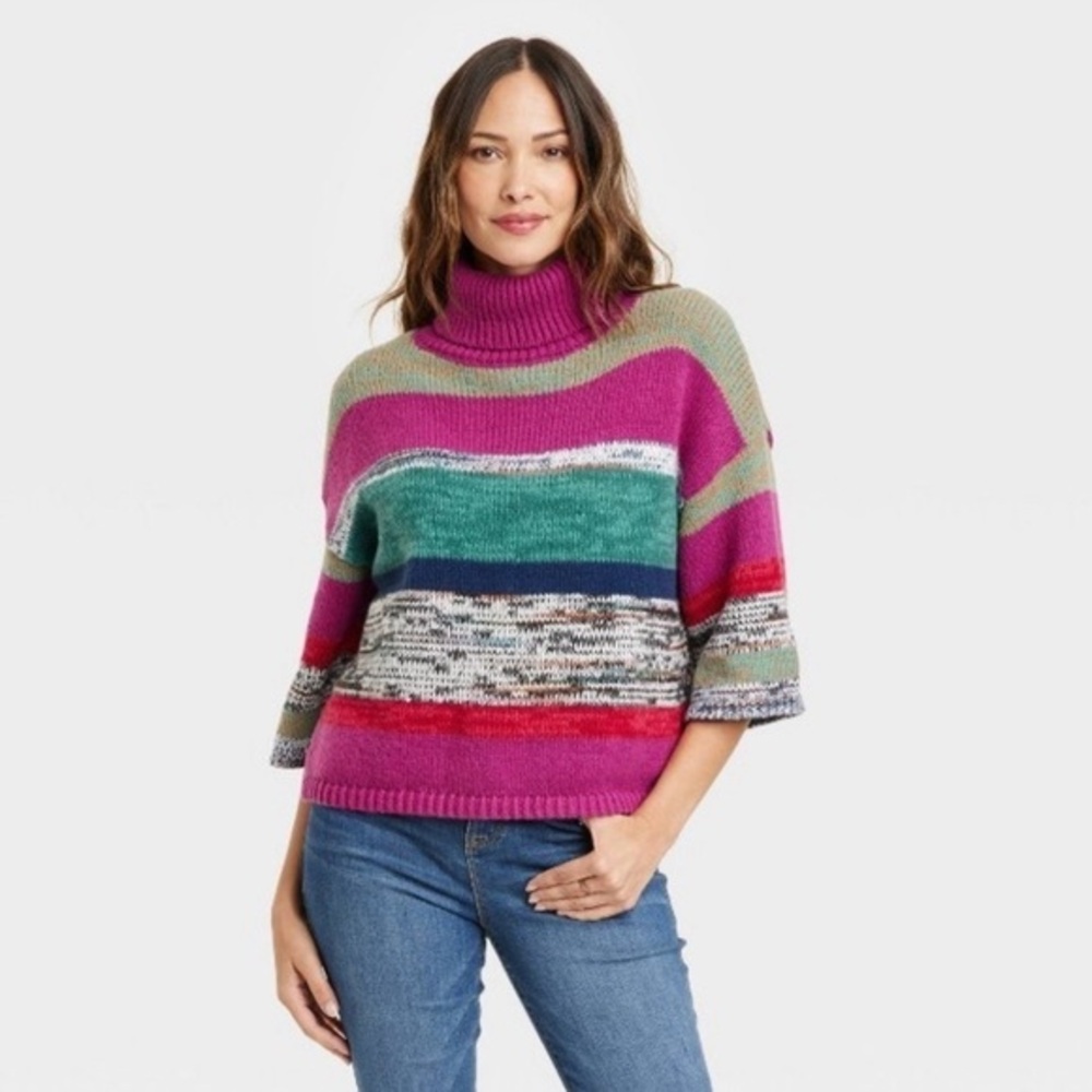 Knox Rose Crocheted Colorful boho Turtleneck Sweater medium
